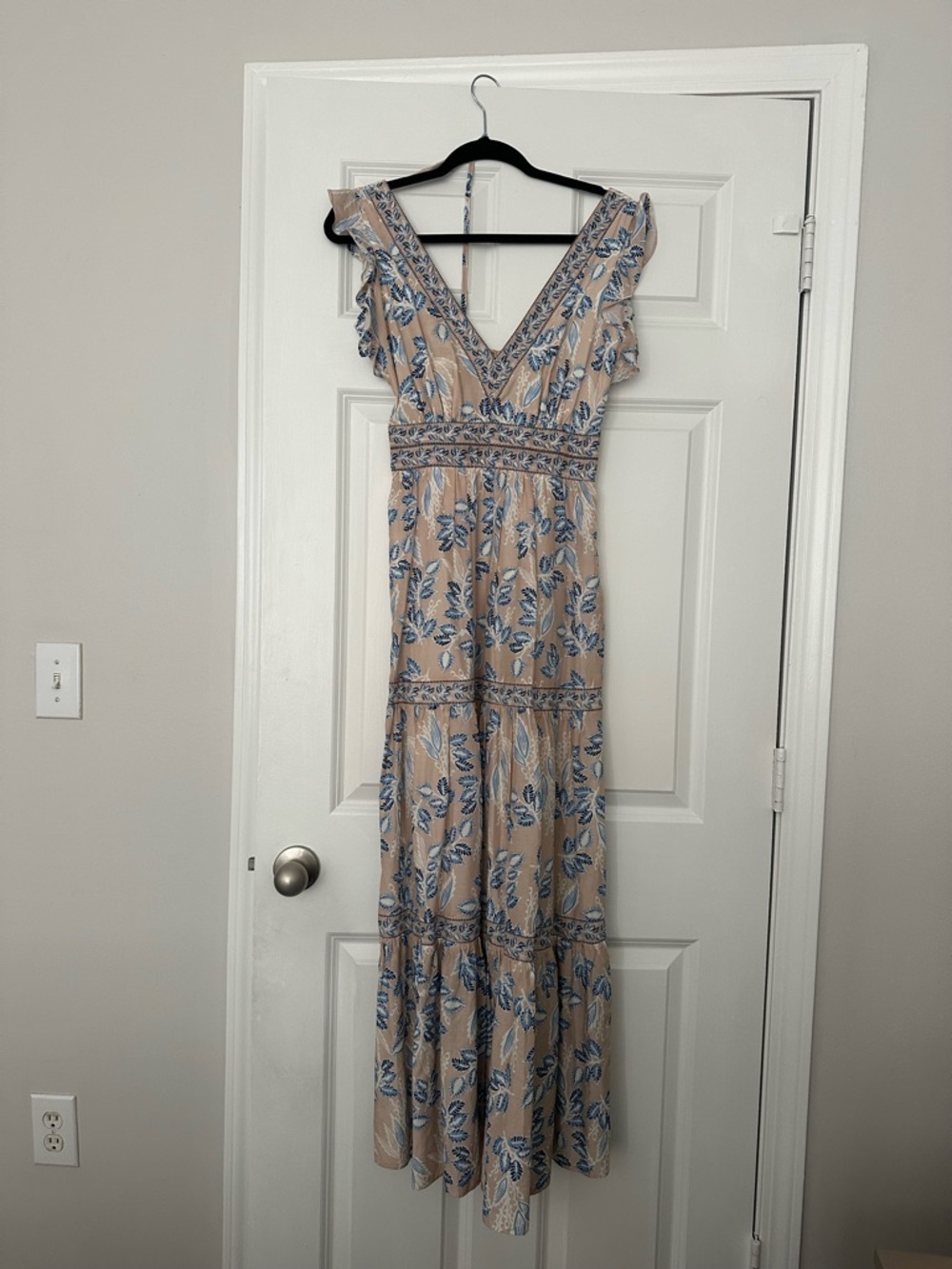 INTERMIX Beige Maxi Dress with Blue Floral Print